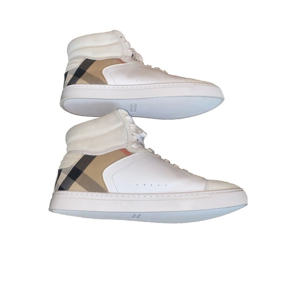 Burberry - Men's Reeth Leather House Check High-Top Sneakers White Size 12 - Picture 6 of 16